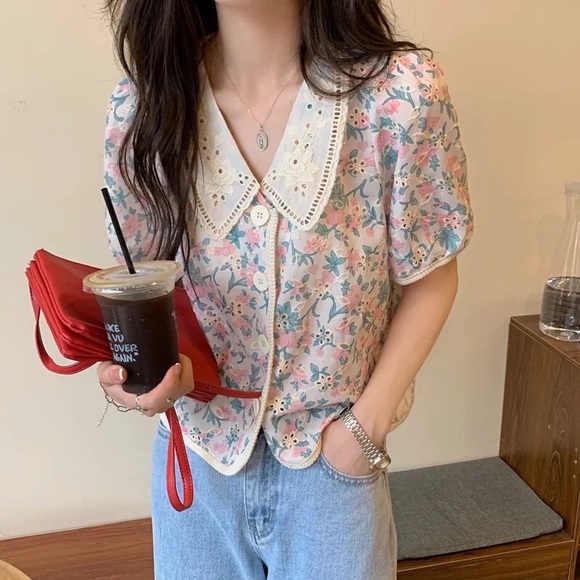 Floral blouse shirt top lace flower pink green cream womens tops summer spring - Picture 4 of 5